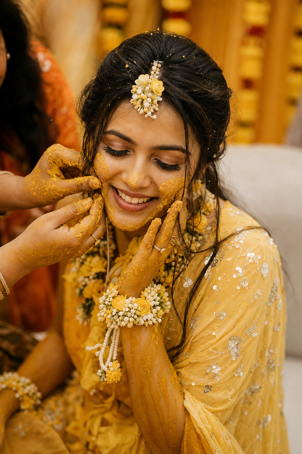 Bride smiling softly during her haldi ceremony