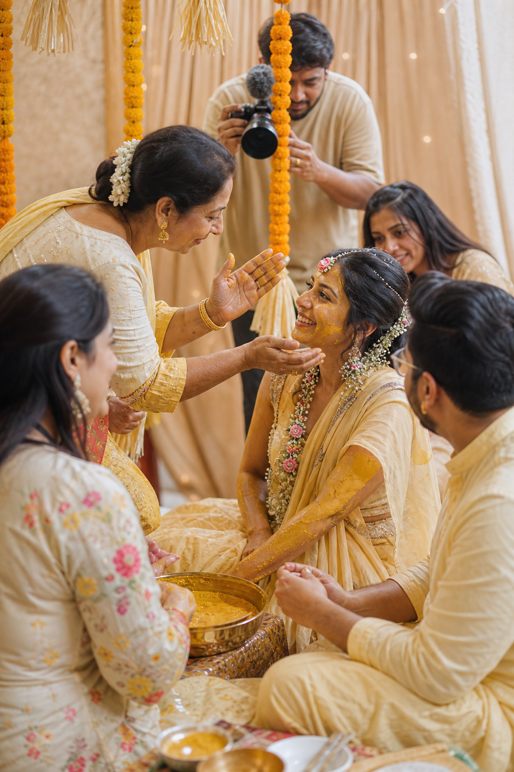 Family and photographer capturing a candid haldi ceremony moment