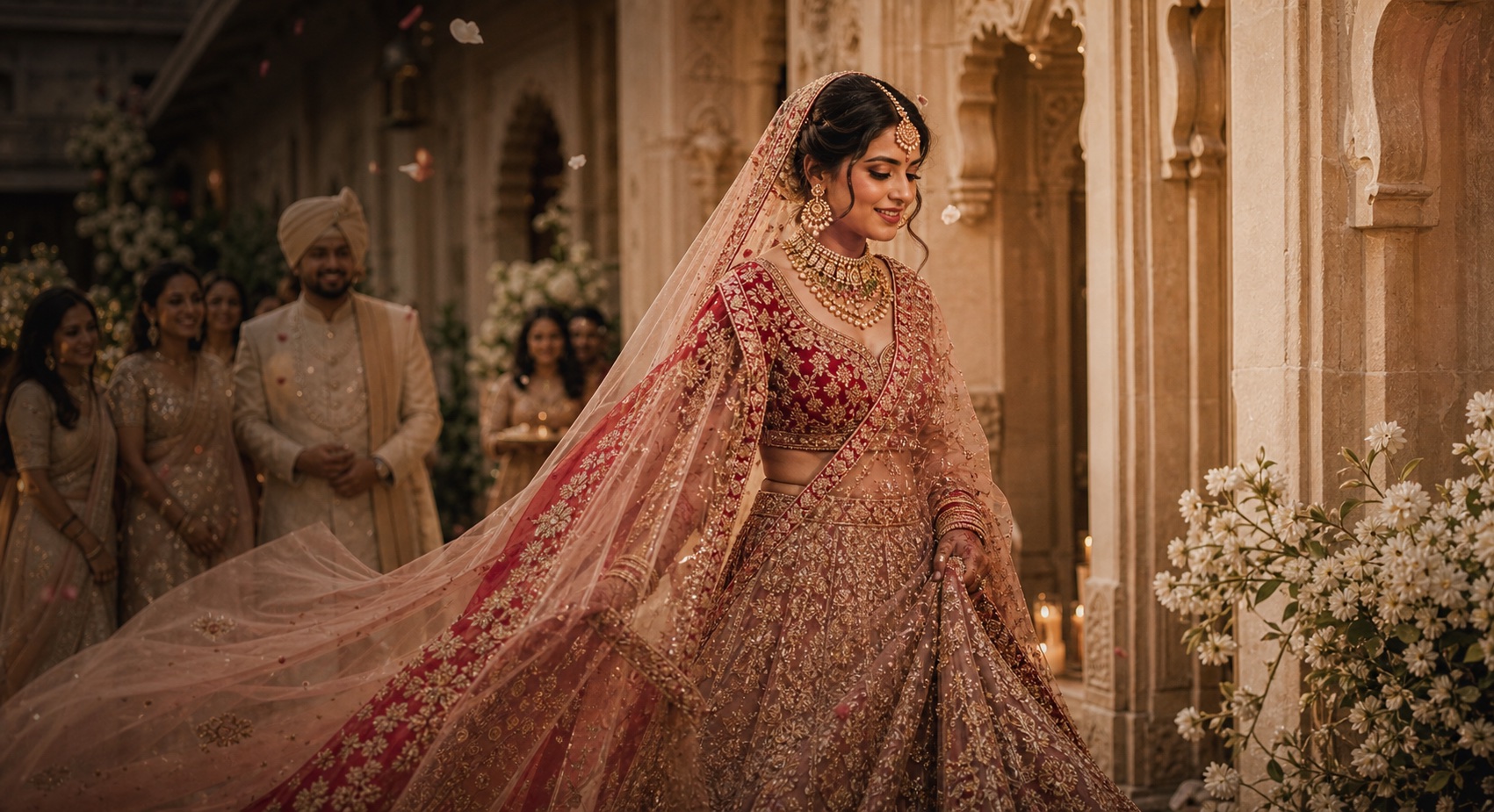 Indian bride in a red and blush-pink lehenga making a cinematic palace entrance