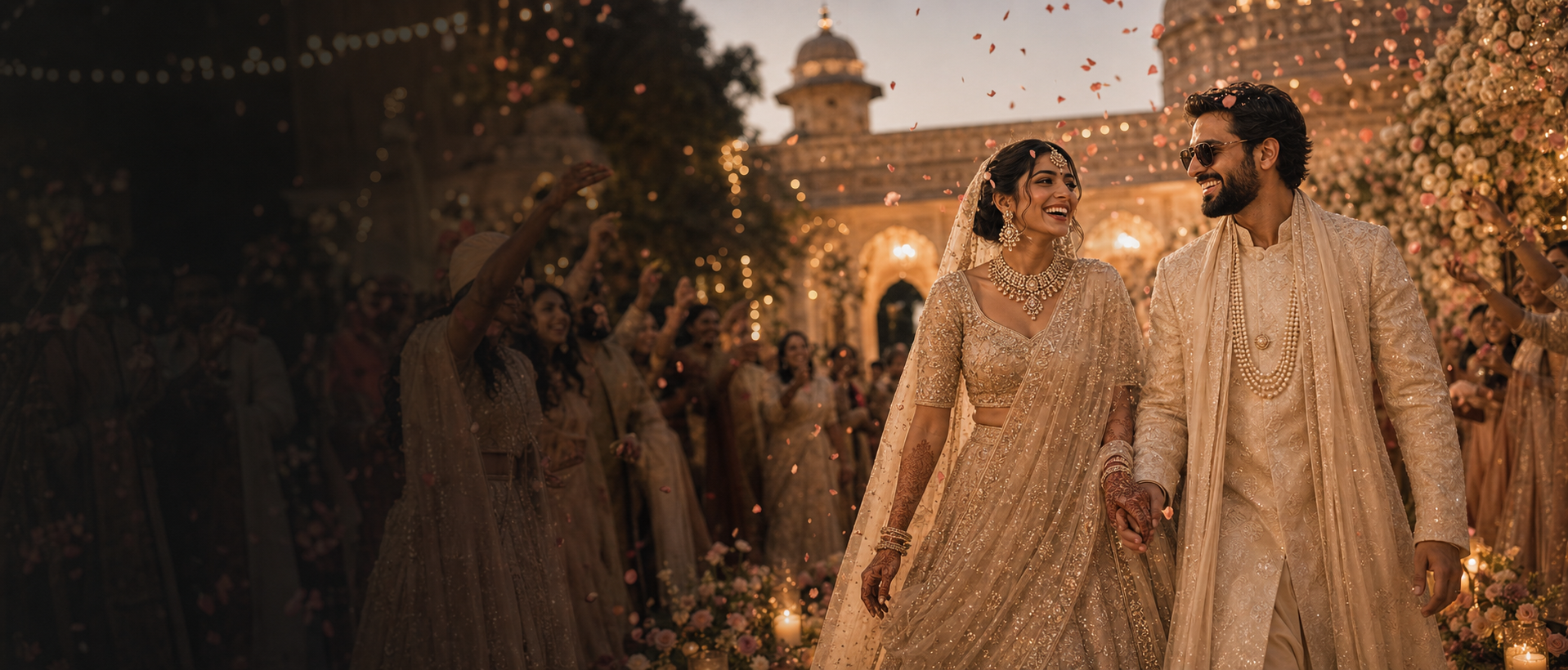 Indian bride and groom walking through a warm palace wedding procession