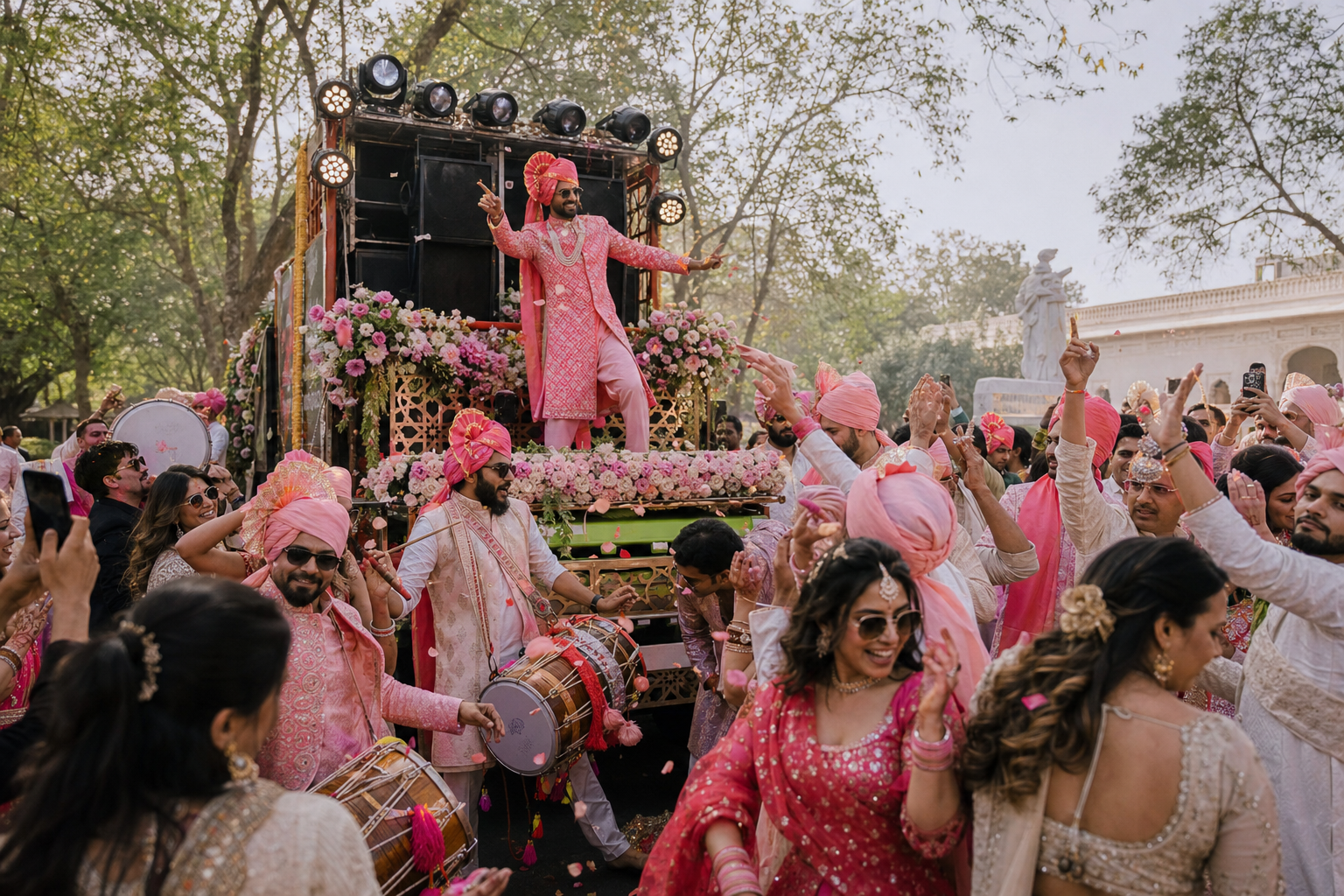 High-energy baraat on wheels with a groom on a floral moving stage surrounded by dancing guests