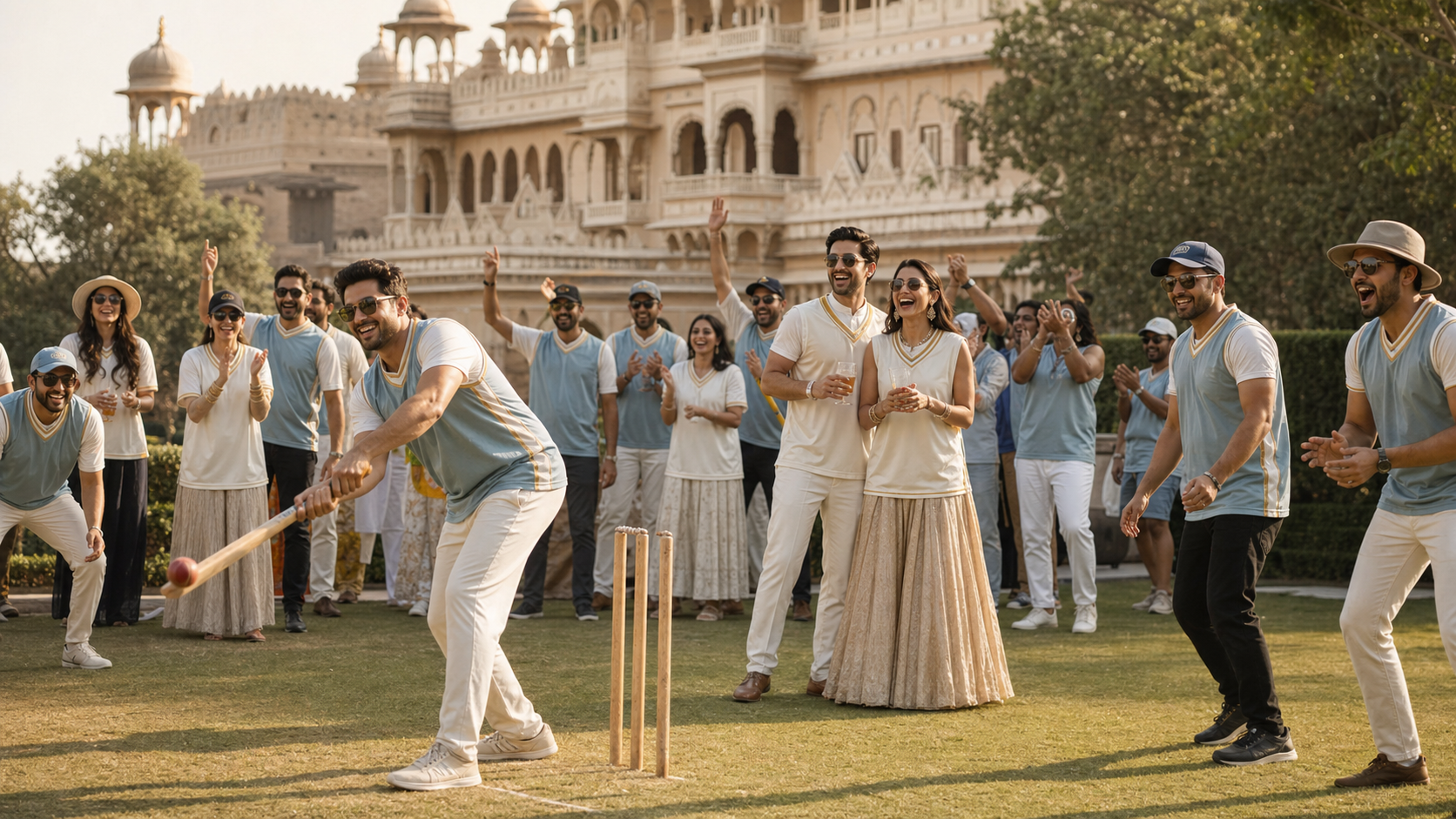 Pre-wedding ladke wale versus ladki wale cricket match on a palace lawn