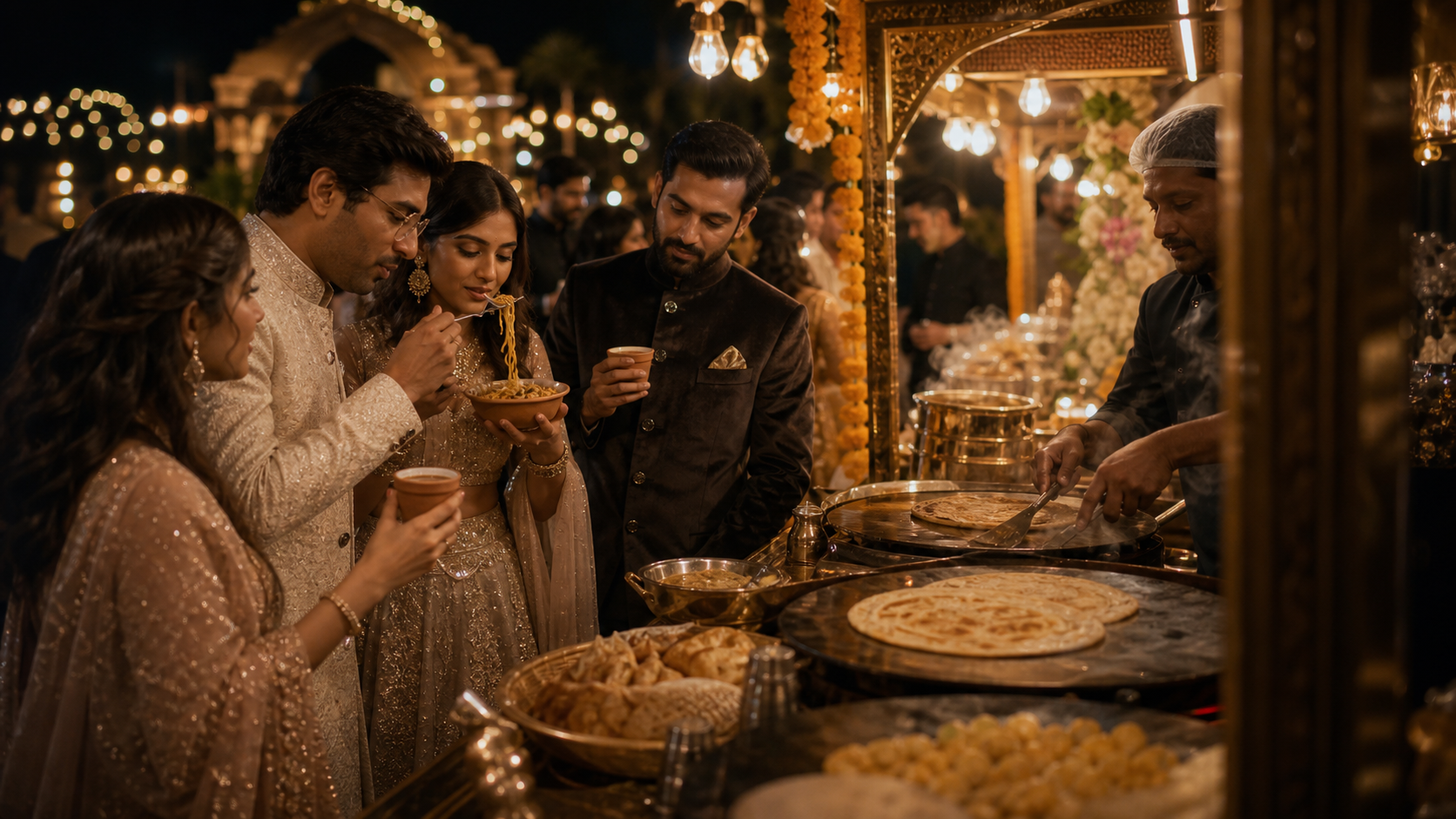 Late-night Indian wedding guests in Indo-western outfits eating Maggi and drinking kullad chai while parathas cook nearby