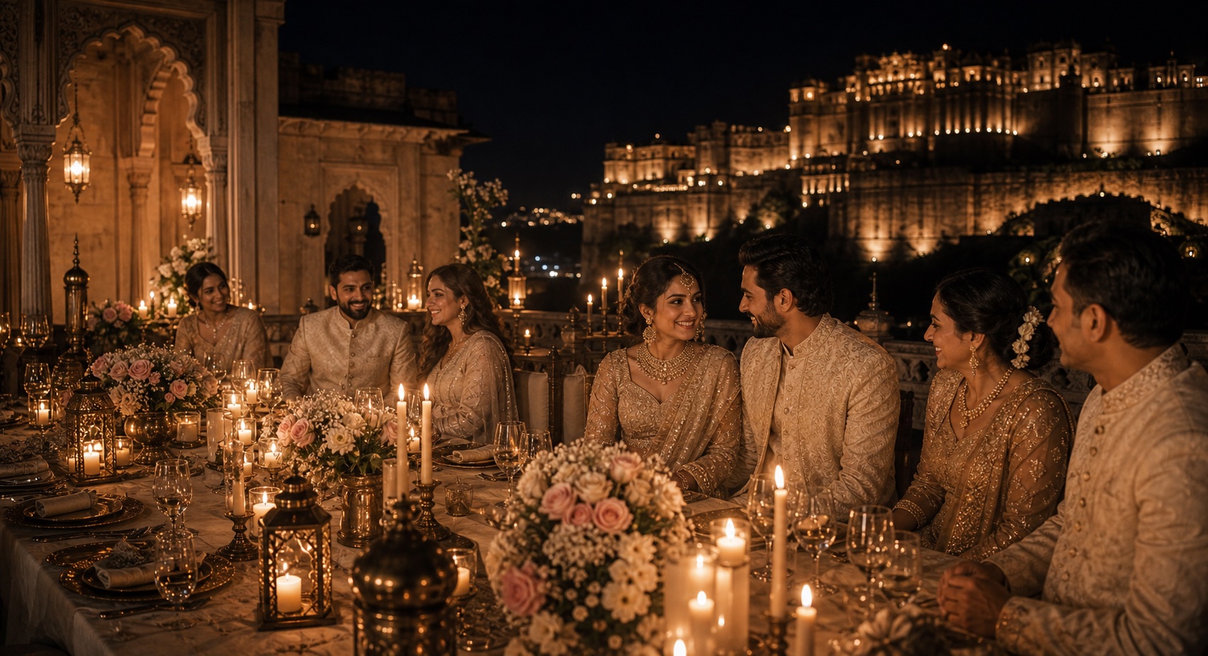 Candlelit fort dinner for an intimate Indian wedding