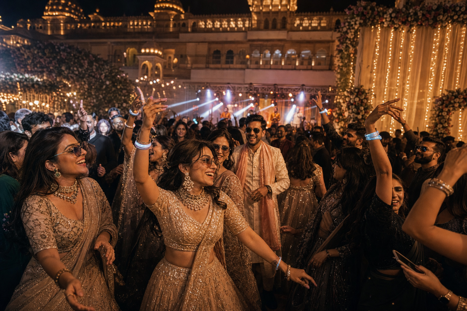 Concert-style Indian sangeet with traditional outfits and glowing wristbands
