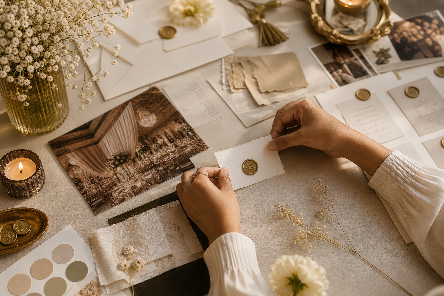 Wedding planning stationery, fabric swatches, flowers, and wax seal details