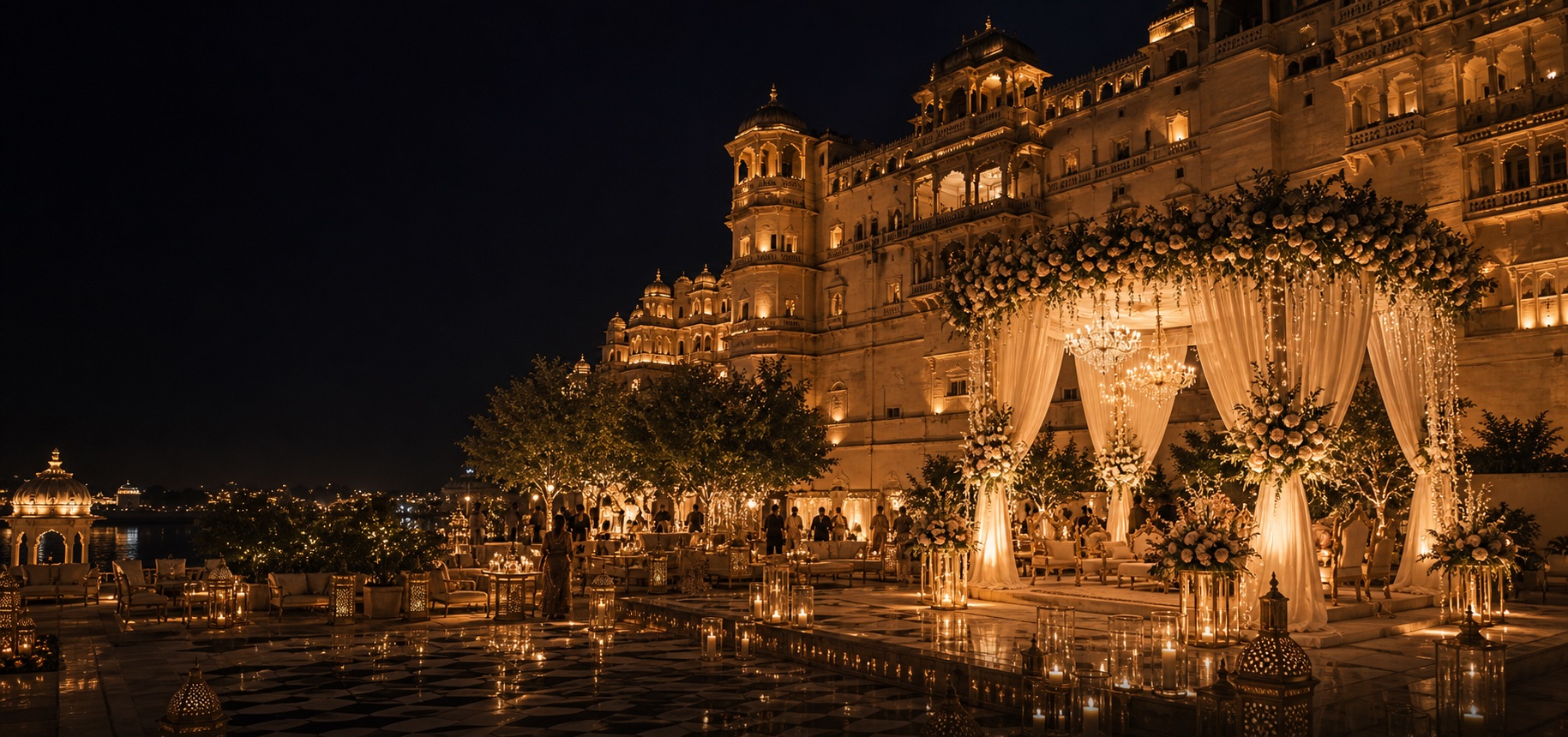Udaipur palace wedding at night with warm lights, candles, and ivory drapes